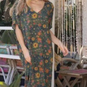 Natural Life Claire Maxi Dress Sunflower Print Green Yellow XL